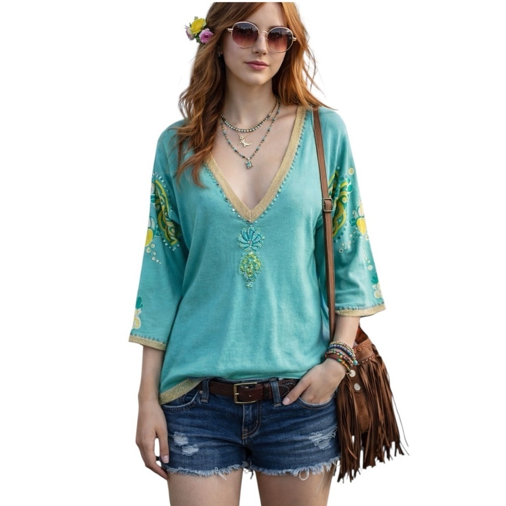 Y2K Charlotte Tarantola Granita 3/4 Pacific Teal Silk Tunic Top Beaded Large NWT